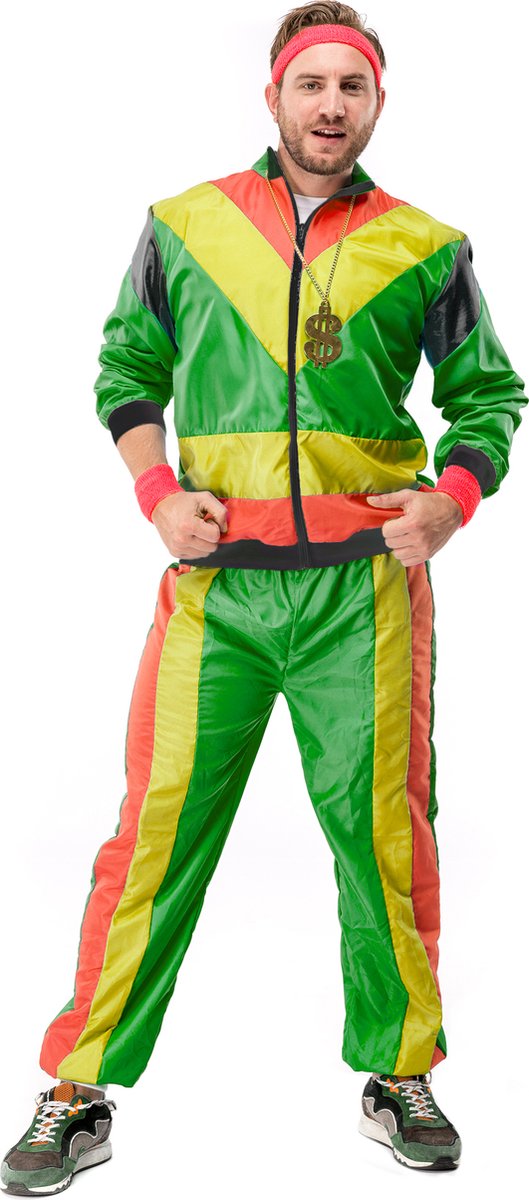 Original Replicas - Jaren 80 & 90 Kostuum - 80s Retro Trainingspak Rasta Carnaval - Man - Geel, Groen, Roze, Multicolor - Small - Carnavalskleding - Verkleedkleding