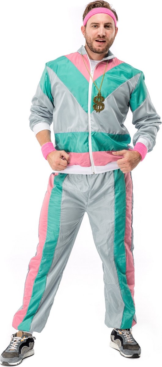 Original Replicas - Jaren 80 & 90 Kostuum - 80s Retro Trainingspak Salmon Spritz - Man - Groen, Roze, Grijs, Multicolor - Large - Carnavalskleding - Verkleedkleding