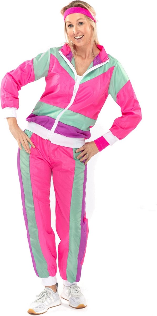 Original Replicas - Jaren 80 & 90 Kostuum - 80s Retro Trainingspak Shining Shirley - Vrouw - Groen, Paars, Roze, Multicolor - Medium - Carnavalskleding - Verkleedkleding