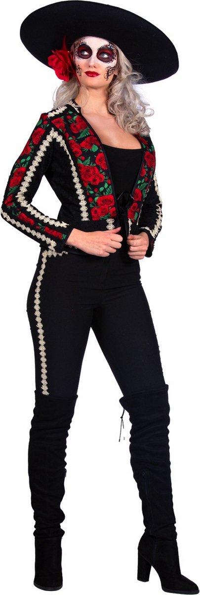 Wilbers & Wilbers - Spaans & Mexicaans Kostuum - Mexicaanse Mariachi Rose Della Rosa - Vrouw - Rood, Zwart - Maat 38 - Halloween - Verkleedkleding