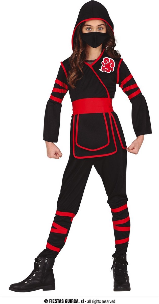 Guirca - Ninja & Samurai Kostuum - Aanstormende Snelle Ninja Kind Kostuum - Rood, Zwart - 10 - 12 jaar - Carnavalskleding - Verkleedkleding