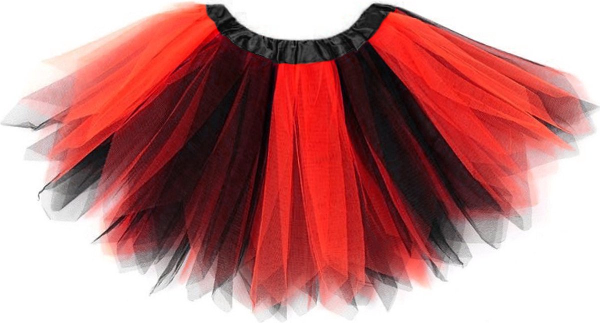 KIMU® Tutu Zwart Rood Tule Rokje - Maat XS S - 140 146 152 158 164 - Rode Petticoat Rok Dames - Tulerok Roodkapje Duivel Heks Piraat Vampier Carnaval Carnavalspak