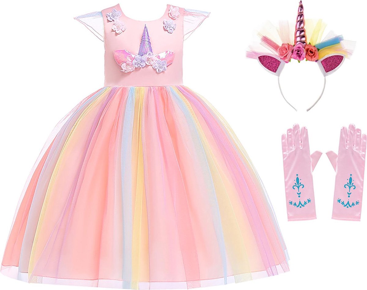 Unicorn prinsessenjurk - Prinsessenjurk meisje - Eenhoorn - Haarband - Het Betere Merk - maat 110(120) - Verkleedkleren Meisje - Roze - Prinsessenhandschoenen