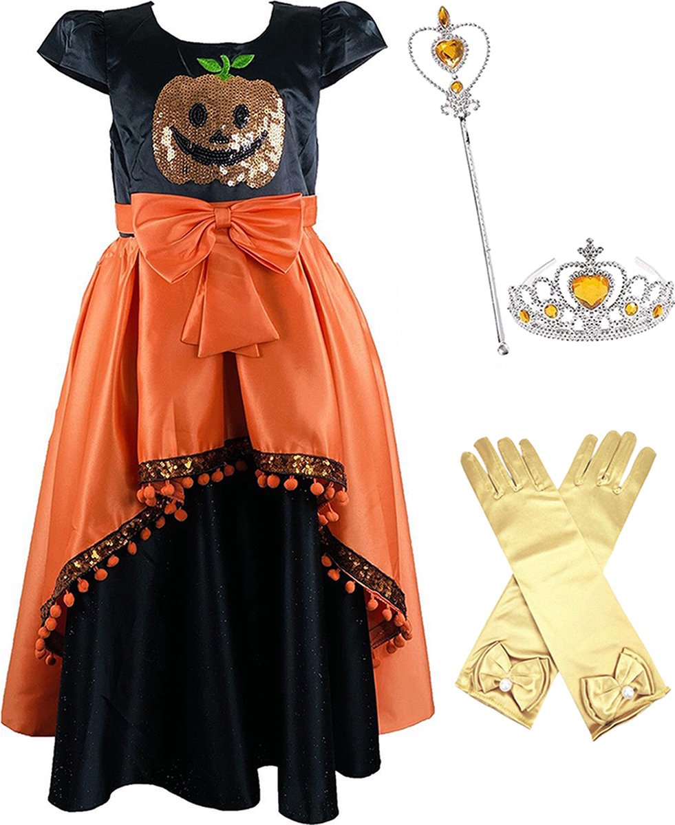 Carnavalskleding - Prinsessenjurk meisje - Het Betere Merk - Halloween kostuum voor kinderen - maat 134/140 - Kroon - Tiara - Toverstaf - Lange handschoenen - heksen - pompoen decoratie