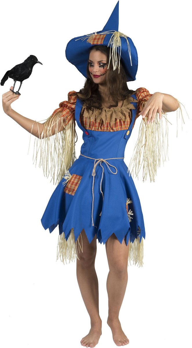 Funny Fashion - Monster & Griezel Kostuum - Vogelverschrikker Dame Hannah - Vrouw - Blauw, Oranje - Maat 44-46 - Halloween - Verkleedkleding