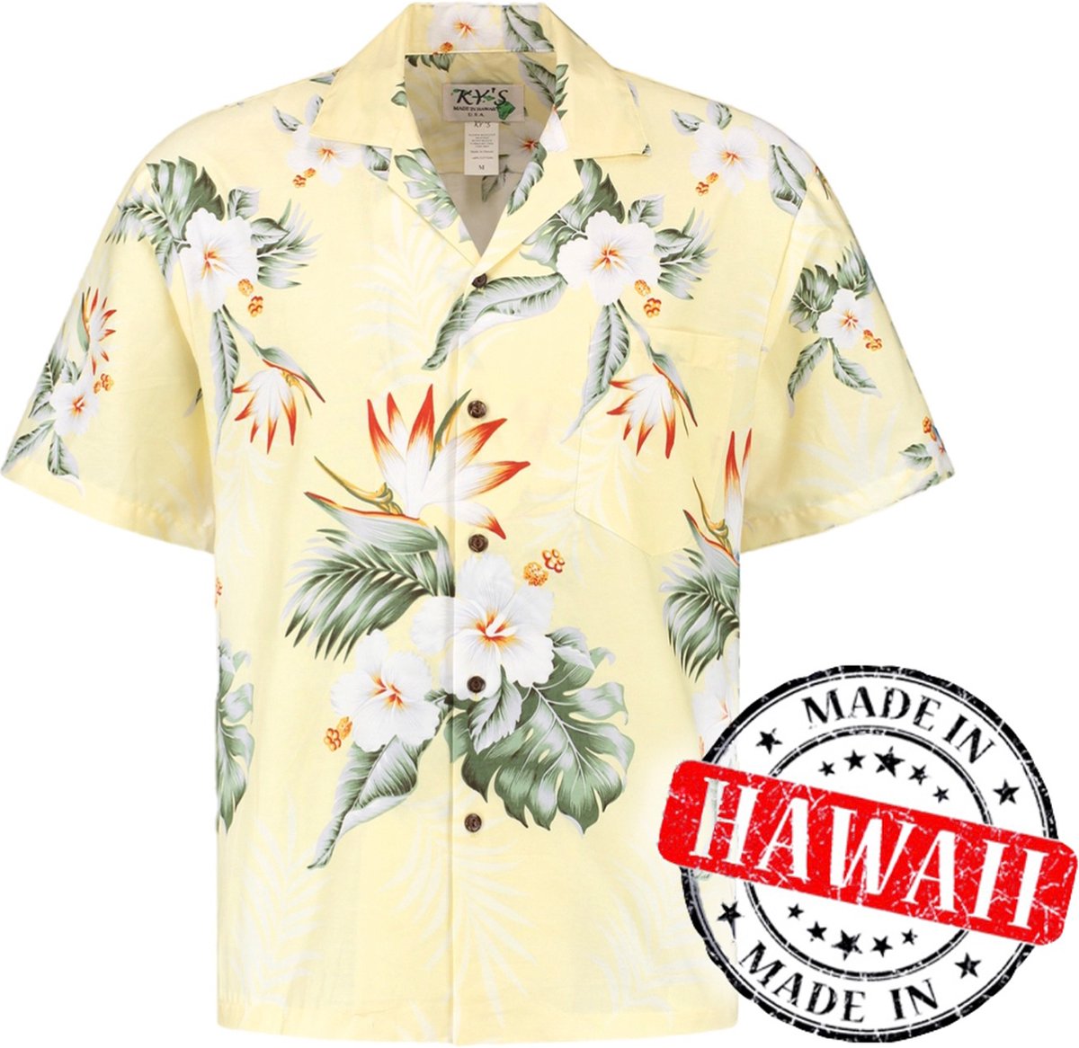 Hawaii Blouse - Shirt - Hemd - 100% Katoen - Overhemd Heren Korte Mouw - Made in Hawaii "Hibiscus Geel" Maat XXL