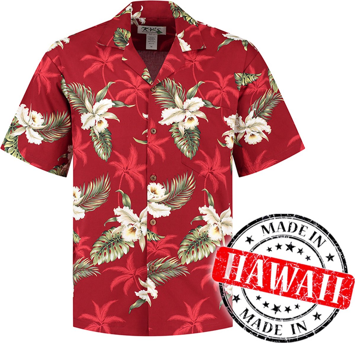 Hawaii Blouse - Shirt - Hemd - 100% Katoen - Overhemd Heren Korte Mouw - Made in Hawaii "Hibiscus Rood" Maat M