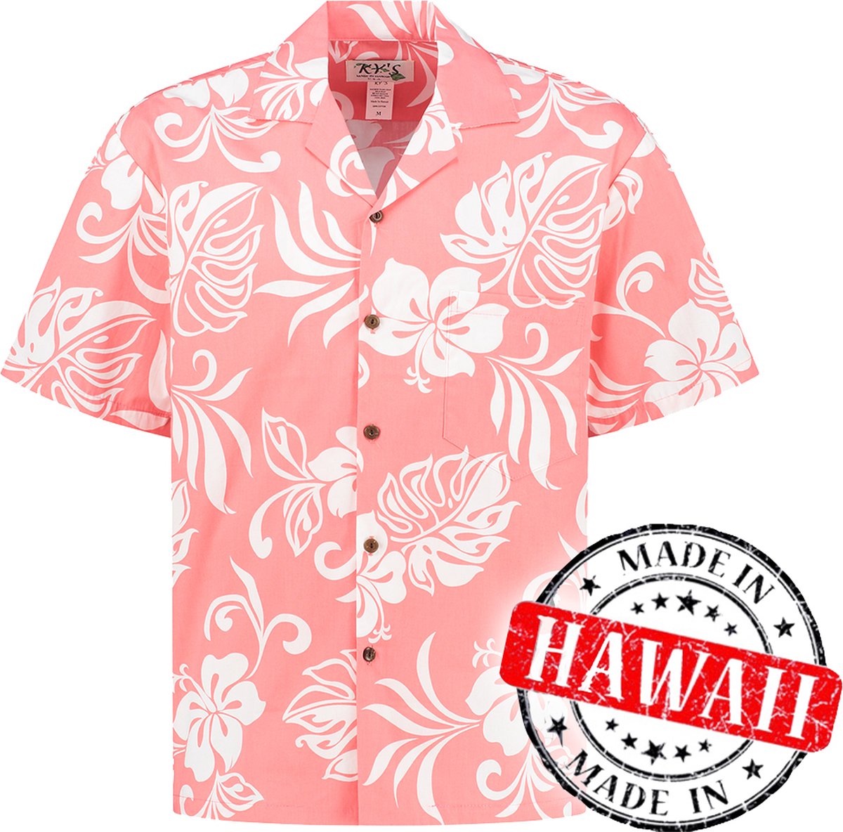 Hawaii Blouse - Shirt - Hemd - 100% Katoen - Overhemd Heren Korte Mouw - Made in Hawaii "Vakantie Vibes Roze" Maat L