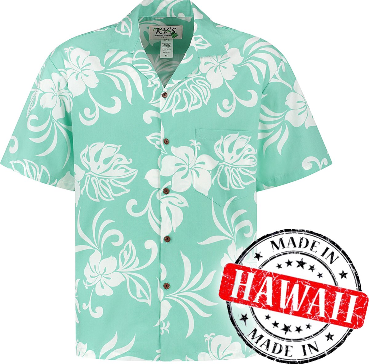 Hawaii Blouse - Shirt - Hemd - 100% Katoen - Overhemd Heren Korte Mouw - Made in Hawaii "Vakantie Vibes Turquoise" Maat M