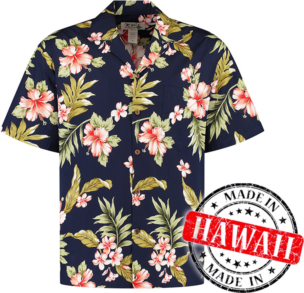 Hawaii Blouse - Shirt - Hemd "Hibiscus Blauw" - 100% Katoen - Aloha Shirt - Heren - Made in Hawaii Maat XXXL