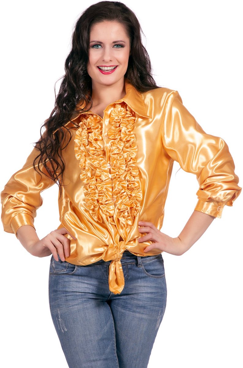 Jaren 80 & 90 Kostuum | Oranje Ruchesblouse Satijn Foute Disco | Maat 60 | Carnaval kostuum | Verkleedkleding