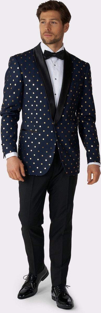 OppoSuits Goldy Dots - Heren Tuxedo Smoking met Vlinderdas - Chique -Donkerblauw- Maat EU 52