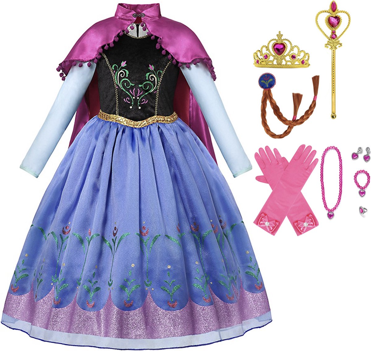 PPrinsessenjurk meisje - Prinsessen speelgoed - Het Betere Merk - Lange roze cape - Maat 134/140 (140) - Carnavalskleding - Kroon - Toverstaf - Juwelenset - Lange handschoenen - Verkleedkleren - Kleed