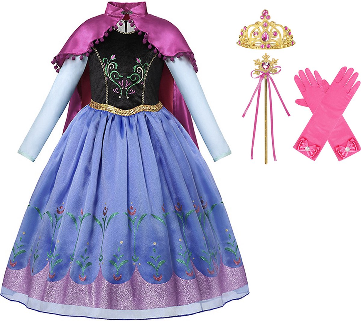 Prinsessenjurk meisje - Prinsessen speelgoed - verkleedkleding meisje - Het Betere Merk - Lange roze cape - Maat 110/116 (120) - Carnavalskleding - Kroon - Toverstaf - Lange handschoenen - Verkleedkleren - Kleed