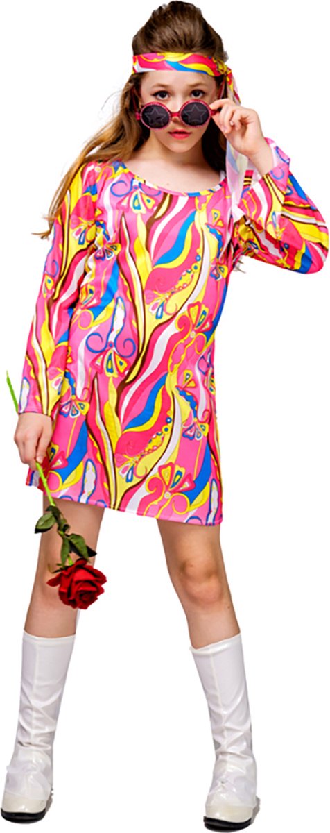 Hippie jurk dames - Hippie kostuum meisjes - Hippie kleding - Flower power kostuum meisjes - Carnavalskleding kinderen - Carnaval kostuum - 7 tot 9 jaar