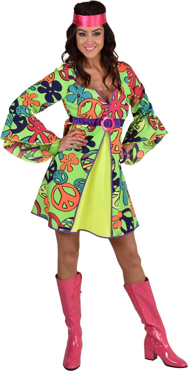 Magic By Freddy's - Hippie Kostuum - Neon Peace Maker Peggy - Vrouw - Groen - XXXXL - Carnavalskleding - Verkleedkleding