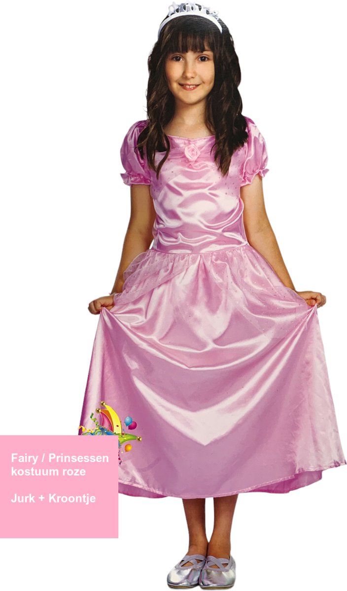 Prinsessenjurk Roze / Toverfee outfit meisjes - Maat 128-140 - 2-delig - Carnavalskleding