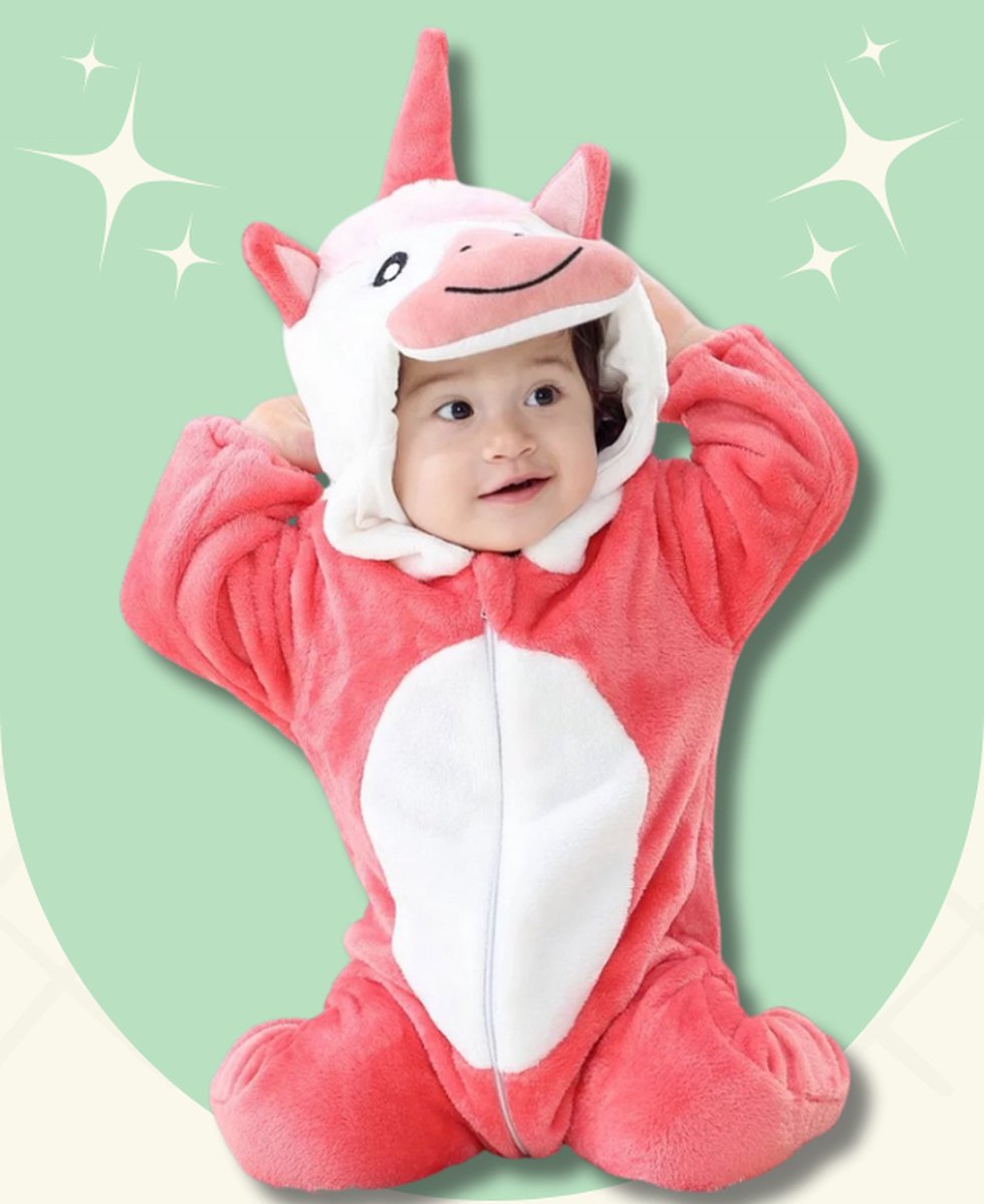 BoefieBoef Eenhoorn Rood Dieren Onesie & Pyjama voor Baby & Dreumes en Peuter tm 18 maanden - Kinder Verkleedkleding - Dieren Kostuum Pak - Wit