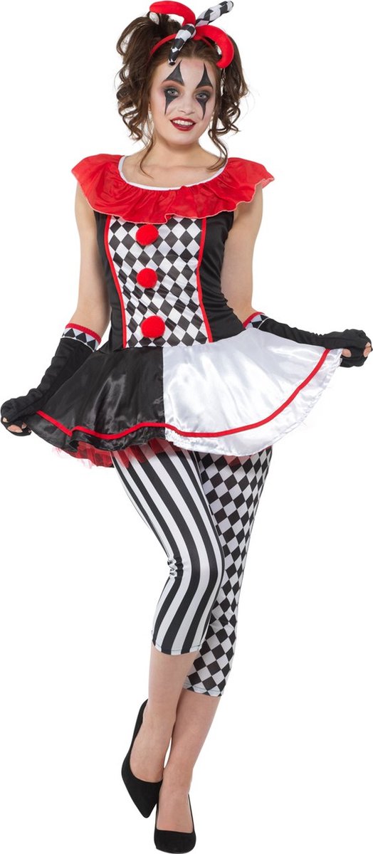 Karnival Costumes Harlekijn Halloween Kostuum Dames Halloween Kostuum Volwassenen Carnavalskleding Dames Carnaval - Polyester - Rood/zwart - Maat XS - 4-Delig Jurk/Leggings/Handschoenen/Hoofdband