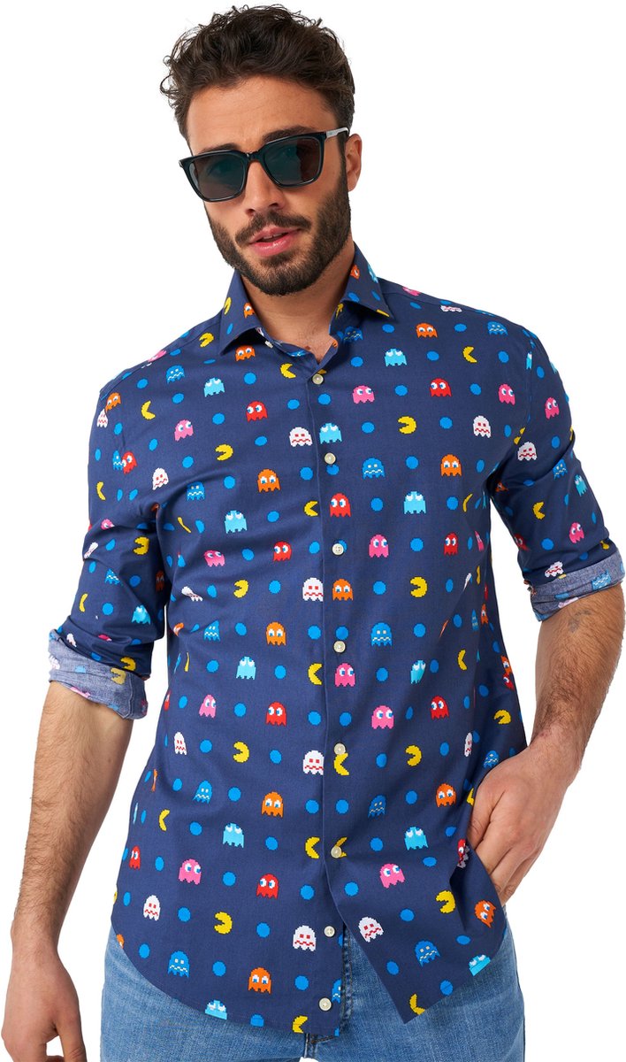 OppoSuits Lange Mouwen Overhemd Pixel PAC-MAN,Ñ¢ - Heren Carnaval Overhemd - Casual Gaming PAC-MAN Shirt- Wit - Maat EU 41/42