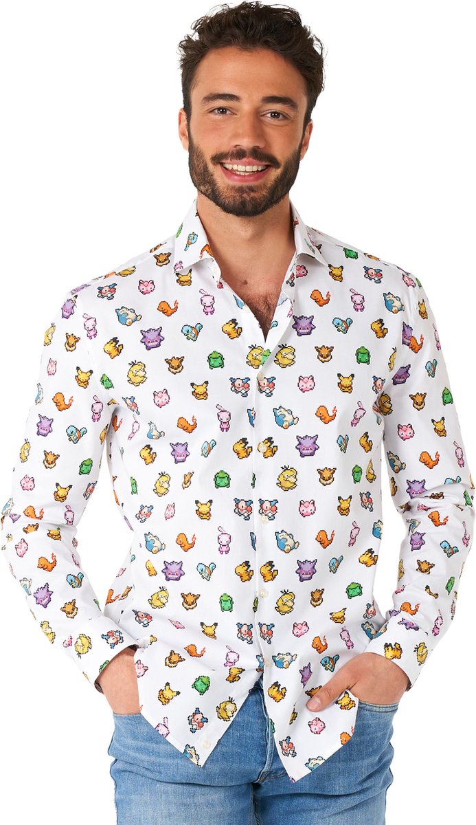 OppoSuits Lange Mouwen Overhemd Pixel Pokémon™ - Heren Carnavals Overhemd - Casual Gaming Pikachu Bulbasaur Squirtle Charmander Shirt - Wit - Wit - Maat EU 43/44