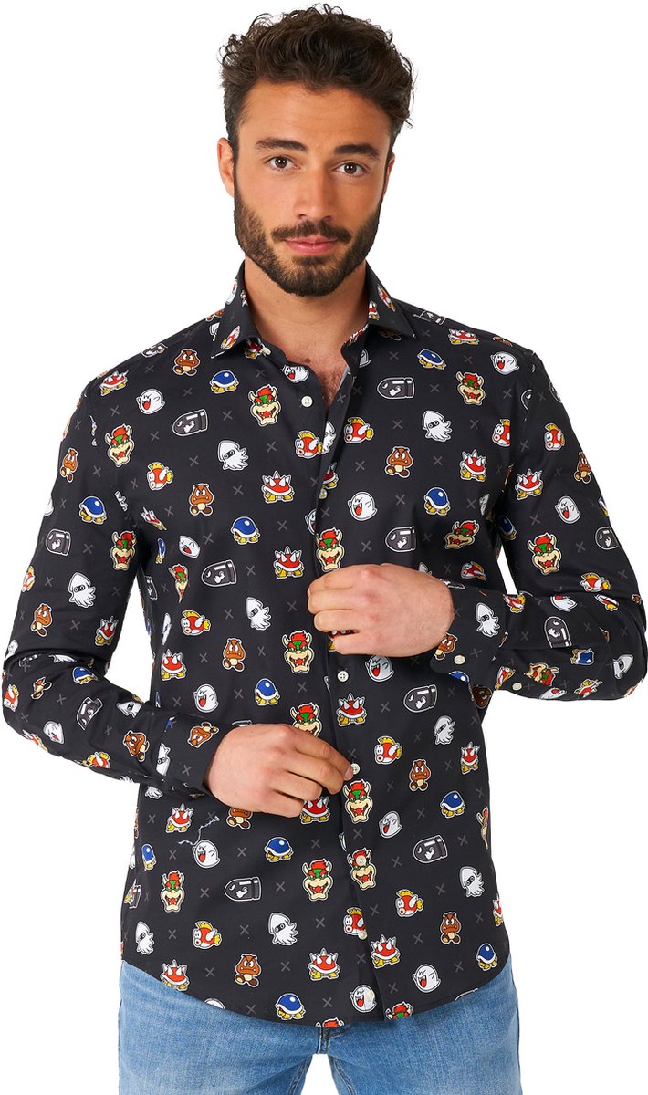 OppoSuits Lange Mouwen Overhemd Super Mario,Ñ¢ Bad Guys - Heren Carnavals Overhemd - Casual Gaming Nintendo Shirt - Wit - Maat EU 45/46