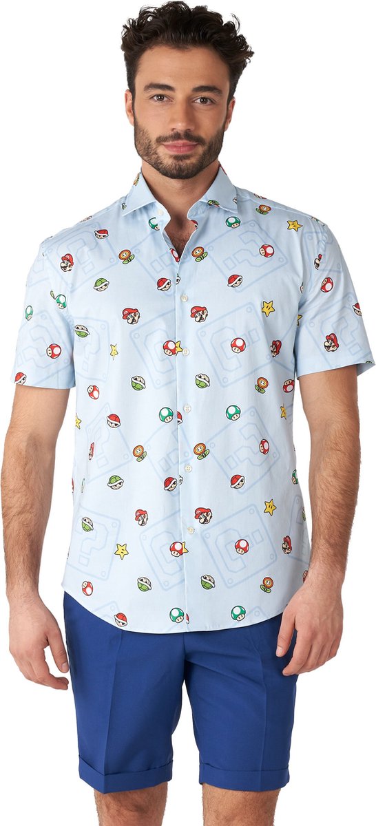 OppoSuits SHIRT Short Sleeve Super Mario Icons - Heren Carnavals Overhemd - Nintendo Overhemd - Blauw - Maat M