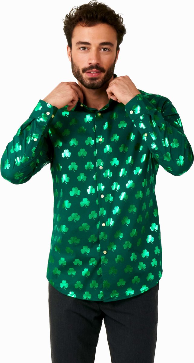 OppoSuits Shiny Shamrock - St. Patrick's Day Overhemd - Glimmend Overhemd - Thema Overhemd - Groen - Maat: S