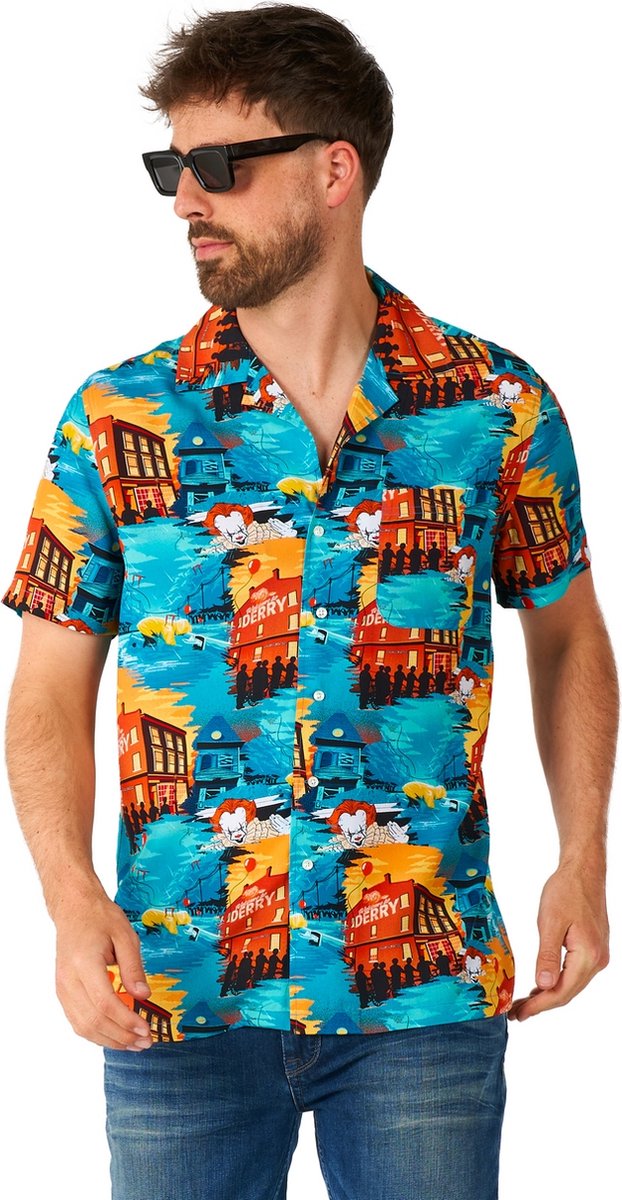 OppoSuits Shirt - IT - Heren Carnaval Overhemd - Halloween Shirt - Korte Mouwen - Zwart - Maat: L