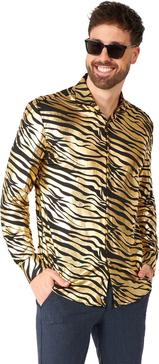 OppoSuits Shirt - Tiger Shiner - Heren Carnavals Overhemd - Glimmend Shirt - Goud - Maat: XS