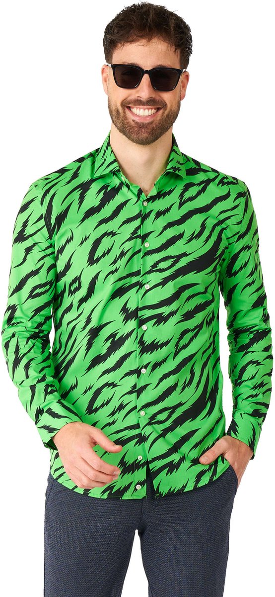 OppoSuits Shirt - Wild Animal - Heren Carnavals Overhemd - Neon Groen Shirt - Groen - Maat: M