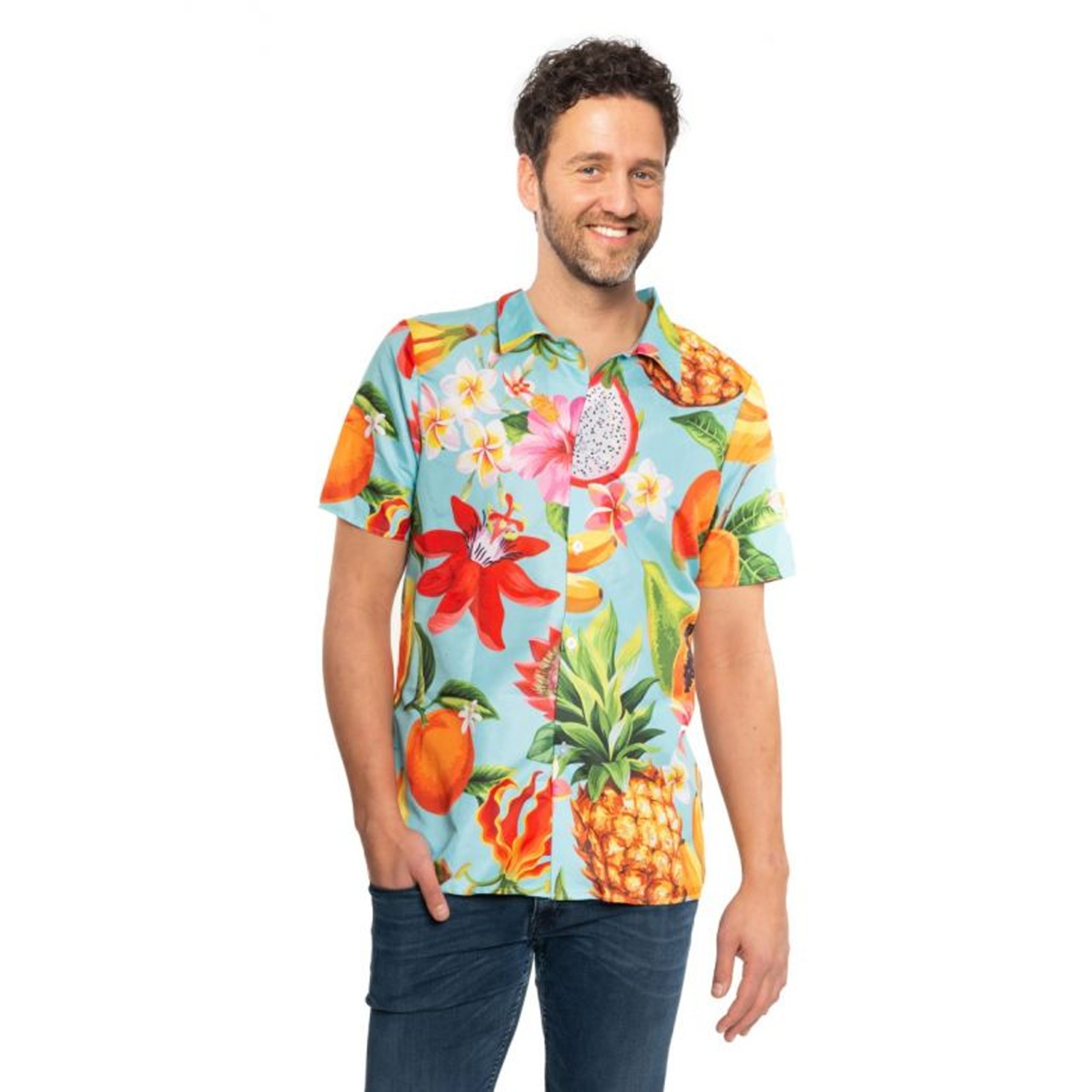 PartyChimp Tropical party Hawaii blouse heren - bloemen/fruit - blauw - carnaval/themafeest - Hawaii party 54 (XL) -