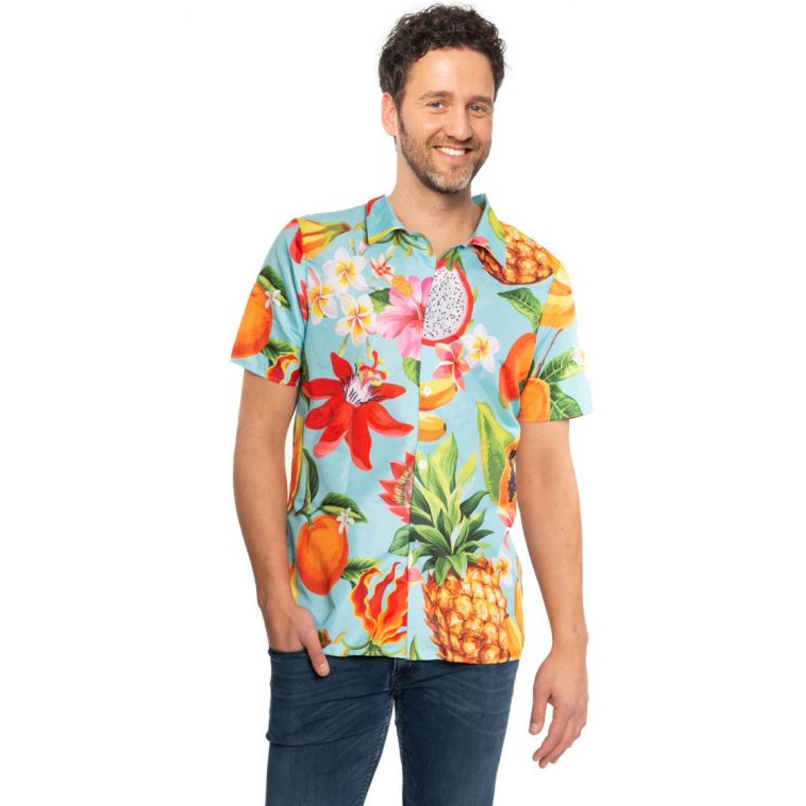 PartyChimp Tropical party Hawaii blouse heren - bloemen/fruit - blauw - carnaval/themafeest - Hawaii party - plus size 58 (3XL) -