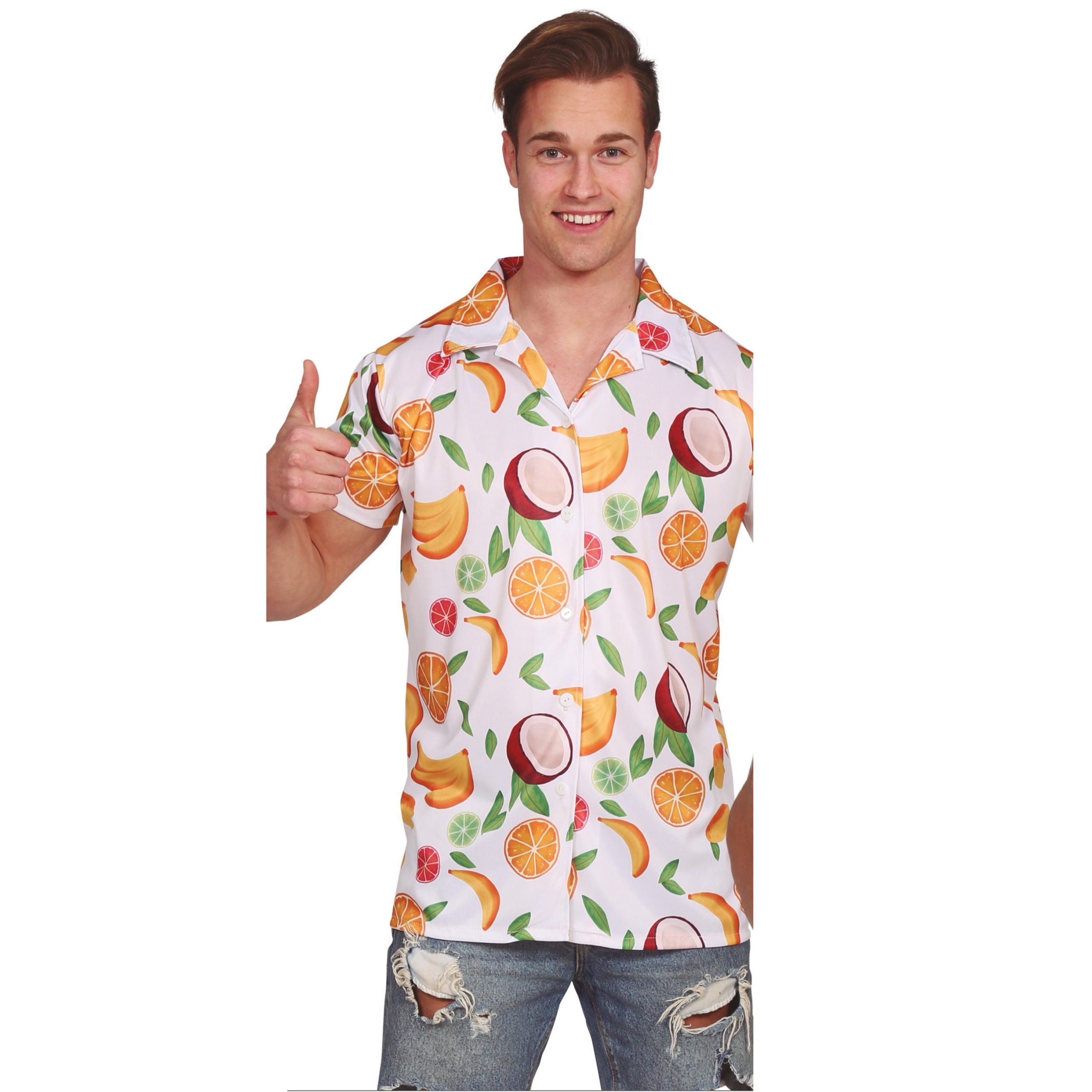 Partychimp Tropical party Hawaii blouse heren - tropisch fruit - wit - carnaval/themafeest - Hawaii L -