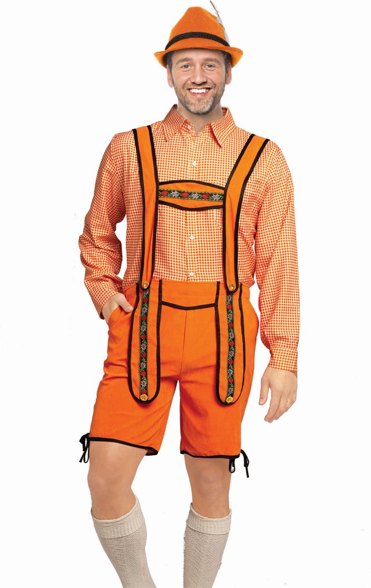 Partychimp Voordelige Korte Oranje Lederhosen Man voor bij EK WK Koningsdag Verkleedkleren Volwassenen Oranje Verkleedkleding Oktoberfest Heren Carnavalskleding Heren Verkleedkleren Volwassenen - Polyester - Maat M