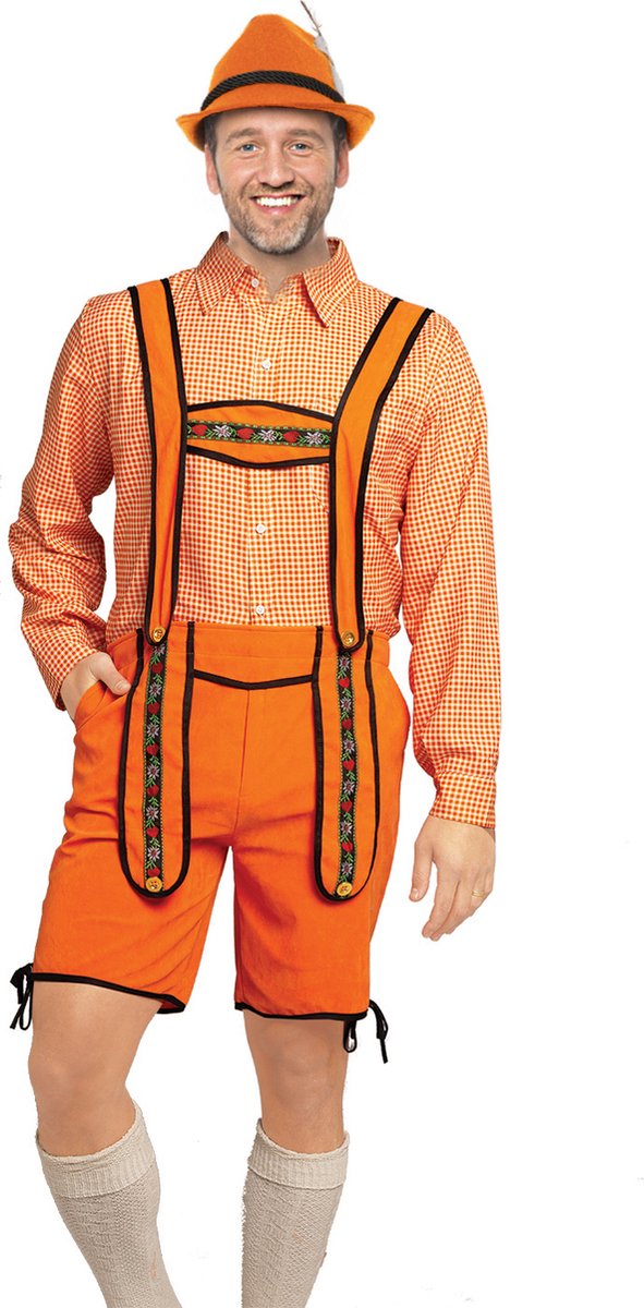 Partychimp Voordelige Korte Oranje Lederhosen Man voor bij EK WK Koningsdag Verkleedkleren Volwassenen Oranje Verkleedkleding Oktoberfest Heren Carnavalskleding Heren Verkleedkleren Volwassenen - Polyester - Maat S