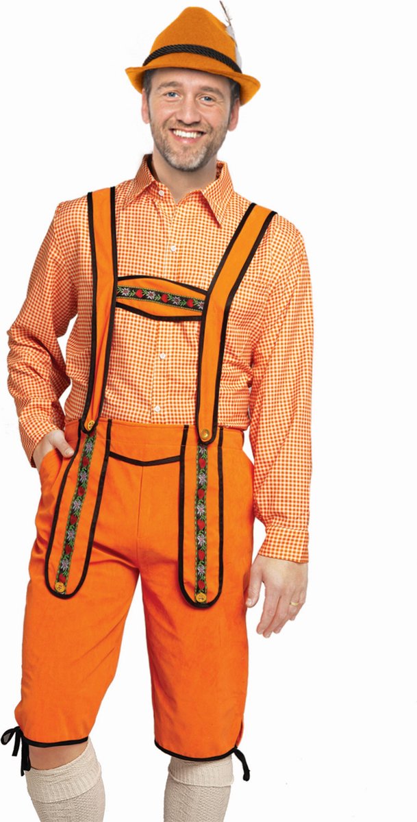 Partychimp Voordelige Lange Oranje Lederhosen Man voor bij EK WK Koningsdag Verkleedkleren Volwassenen Oranje Verkleedkleding Oktoberfest Heren Carnavalskleding Heren Verkleedkleren Volwassenen - Polyester - Maat M