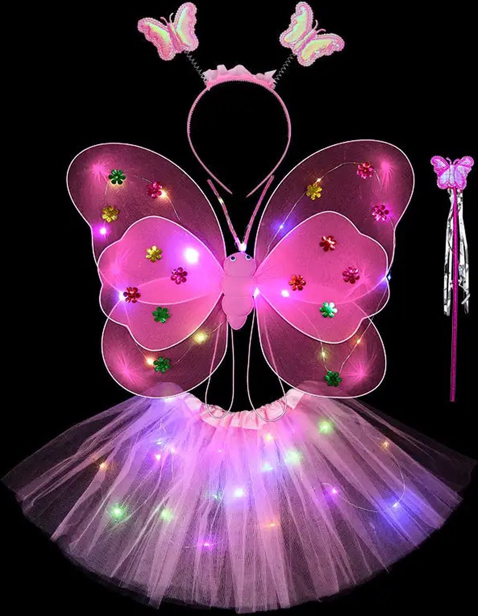 Tutu Donker Roze - Tutu Rokje - Tutu Pakje Meisjes - Tutu Met LED Verlichting - Ballet Pakje Meisjes - Ballet Rokje Donker Roze - Rokje Met Verlichting - Vlinder Pakje - Vlinder Kostuum - Halloween Rokje - Prinsessen Jurkje