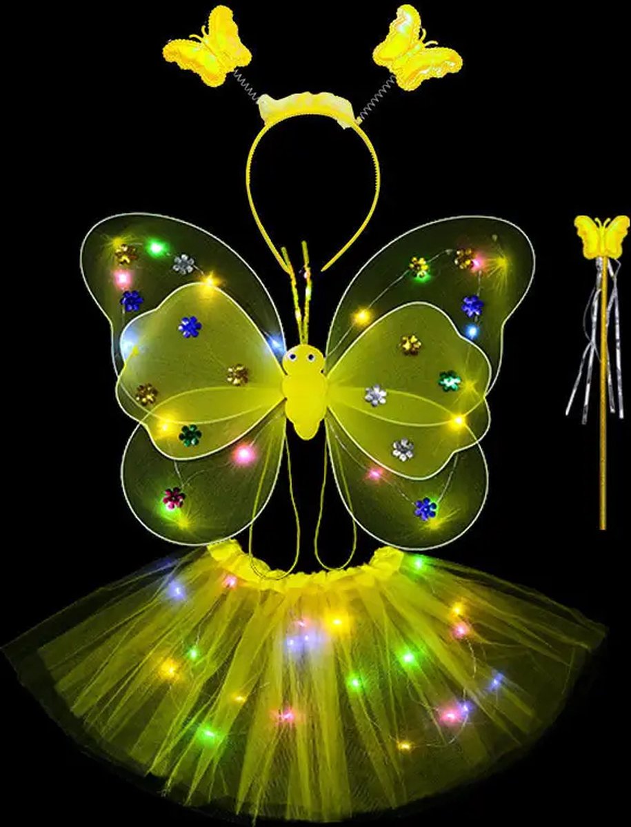 Tutu Geel - Tutu Rokje - Tutu Pakje Meisjes - Tutu Met LED Verlichting - Ballet Pakje Meisjes - Ballet Rokje Geel - Rokje Met Verlichting - Vlinder Pakje - Vlinder Kostuum - Halloween Rokje - Prinsessen Jurkje