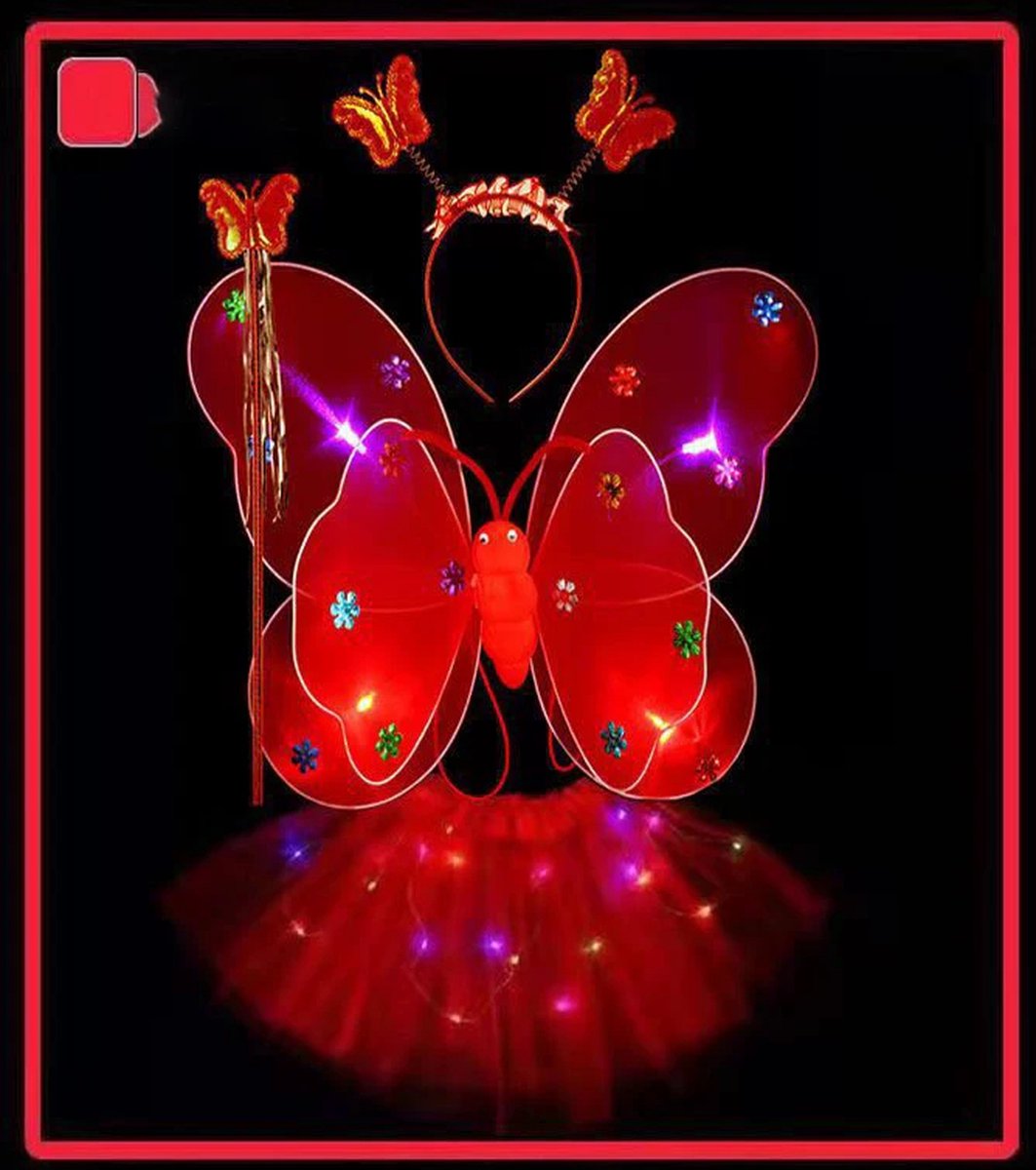 Tutu Rood - Tutu Rokje - Tutu Pakje Meisjes - Tutu Met LED Verlichting - Ballet Pakje Meisjes - Ballet Rokje Rood - Rokje Met Verlichting - Vlinder Pakje - Vlinder Kostuum - Halloween Rokje - Prinsessen Jurkje