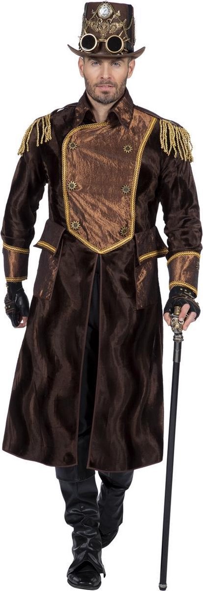 Wilbers & Wilbers - Steampunk Kostuum - Steampunk Jas Satijnen Glans Officier Man - Bruin - Maat 48 - Carnavalskleding - Verkleedkleding