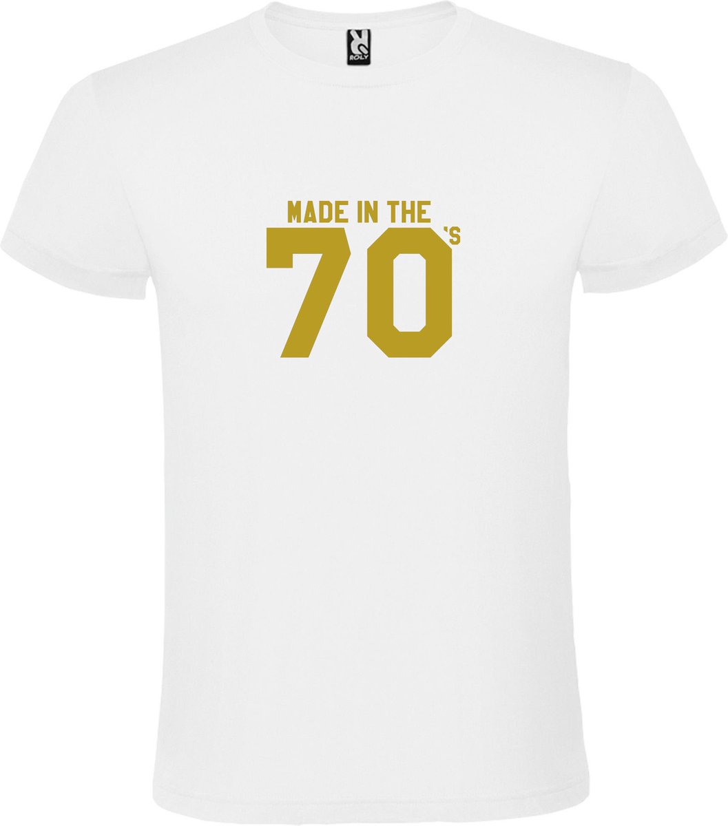 Wit T shirt met print van " Made in the 70's / gemaakt in de jaren 70 " print Goud size L