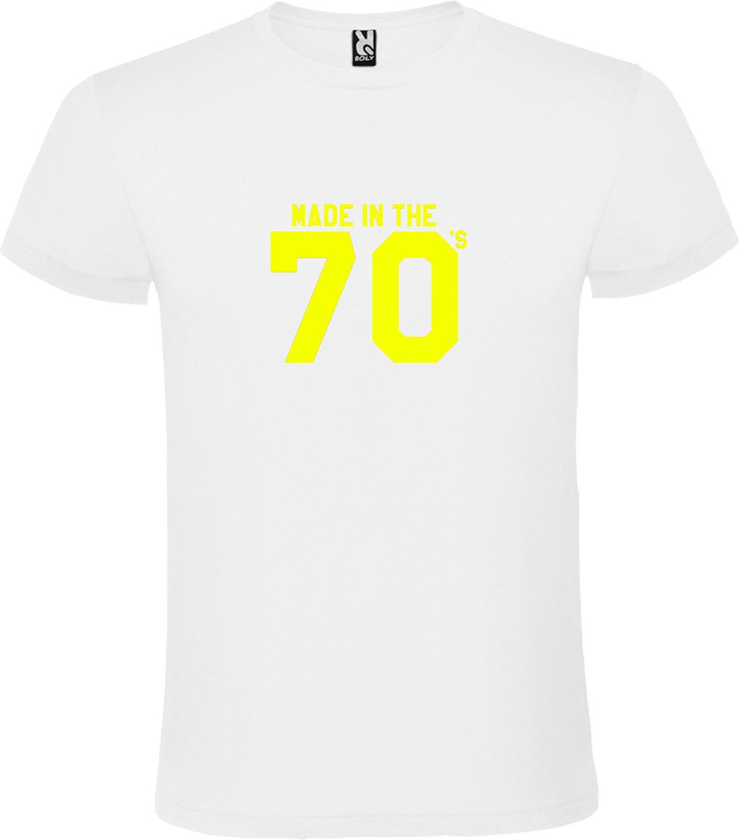 Wit T shirt met print van " Made in the 70's / gemaakt in de jaren 70 " print Neon Geel size L