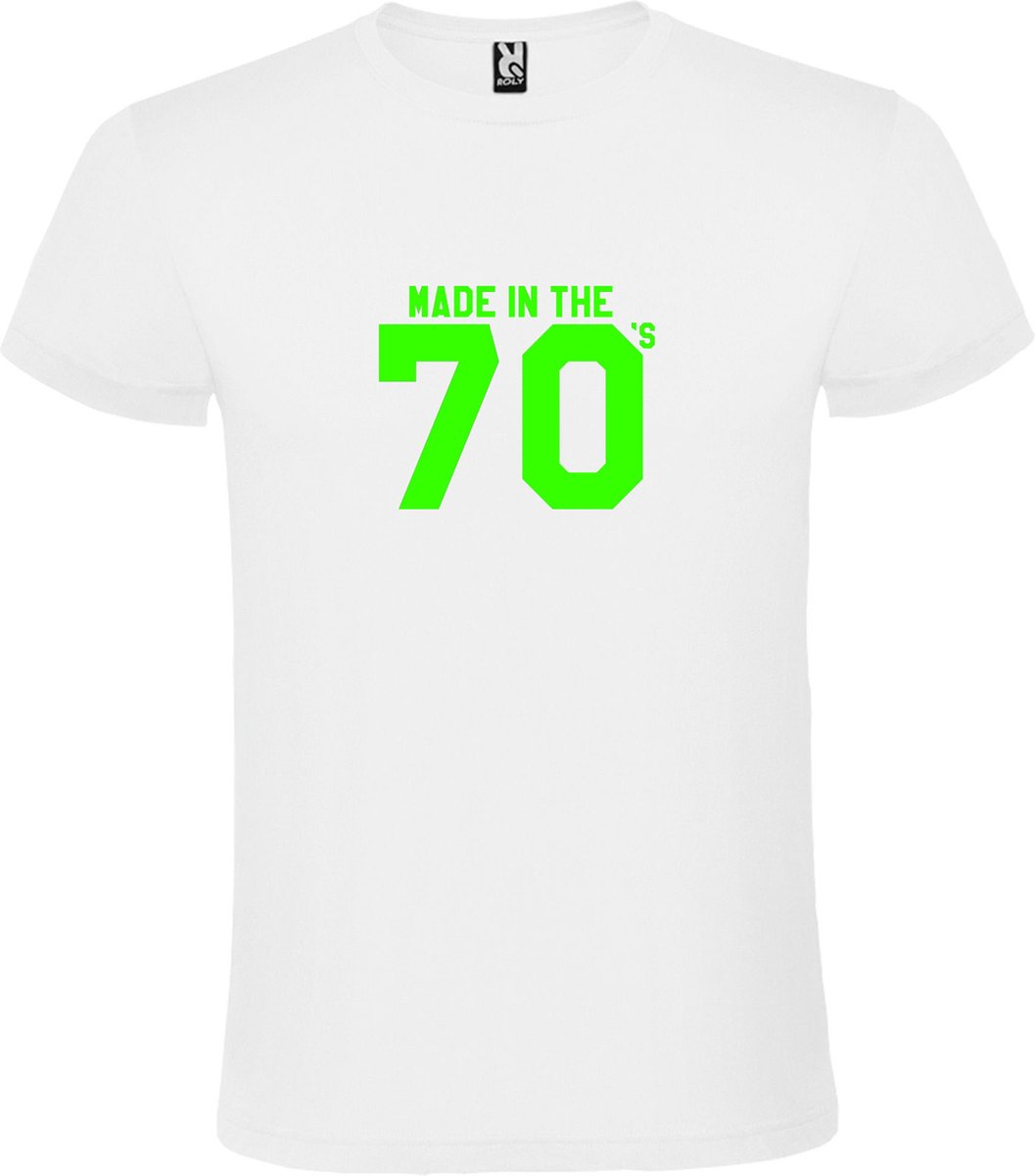 Wit T shirt met print van " Made in the 70's / gemaakt in de jaren 70 " print Neon Groen size L