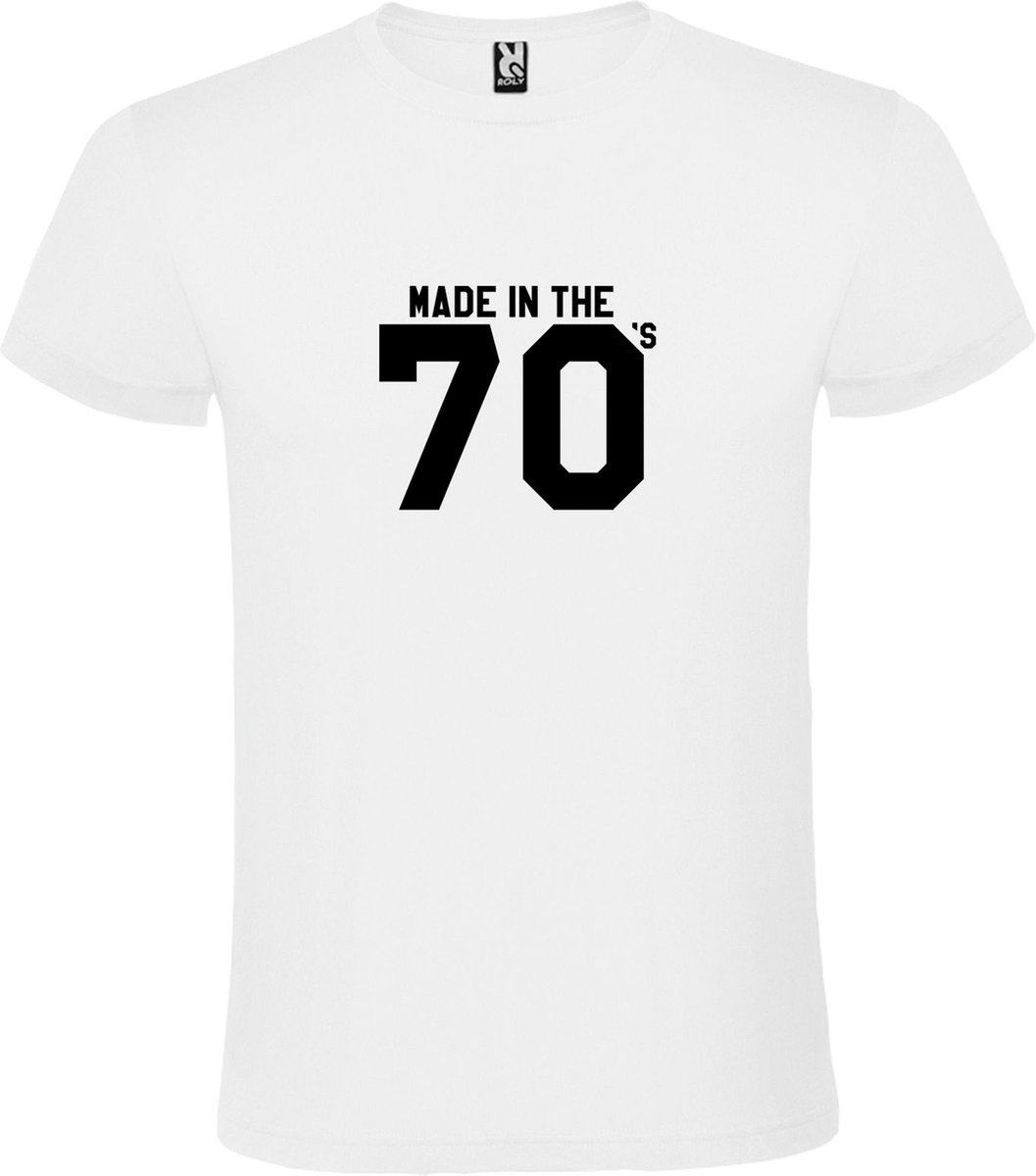 Wit T shirt met print van " Made in the 70's / gemaakt in de jaren 70 " print Zwart size L