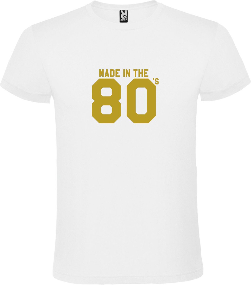 Wit T shirt met print van " Made in the 80's / gemaakt in de jaren 80 " print Goud size L