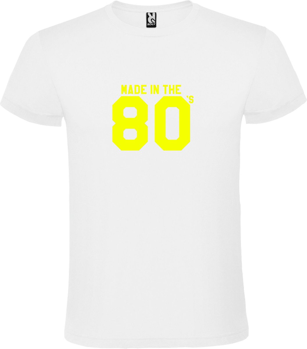 Wit T shirt met print van " Made in the 80's / gemaakt in de jaren 80 " print Neon Geel size L