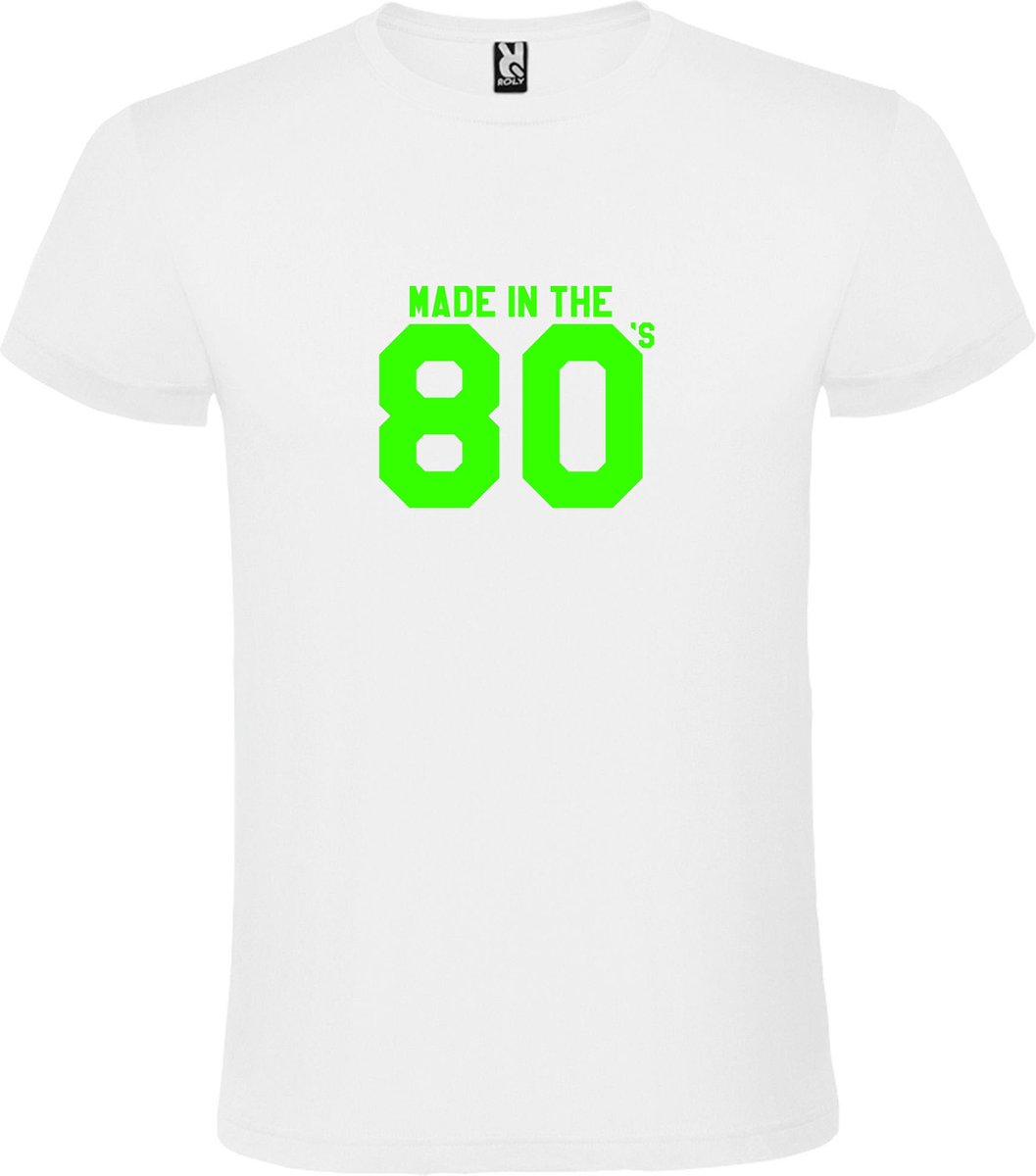 Wit T shirt met print van " Made in the 80's / gemaakt in de jaren 80 " print Neon Groen size L