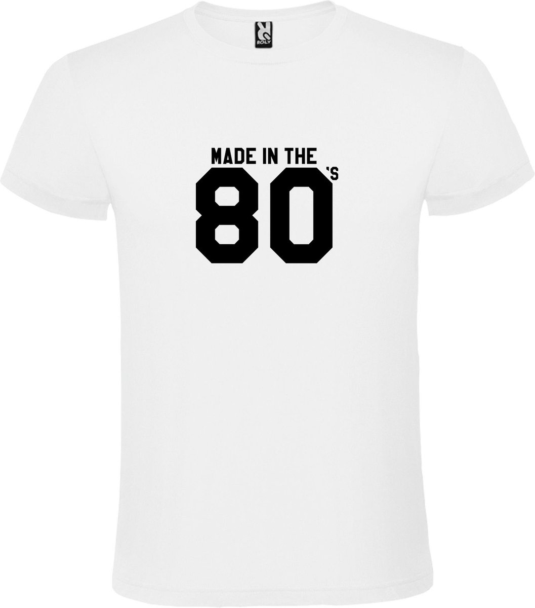 Wit T shirt met print van " Made in the 80's / gemaakt in de jaren 80 " print Zwart size L