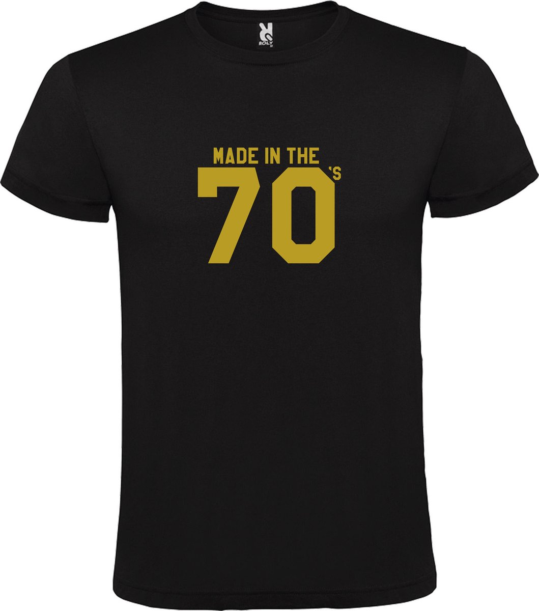 Zwart T shirt met print van " Made in the 70's / gemaakt in de jaren 70 " print Goud size M